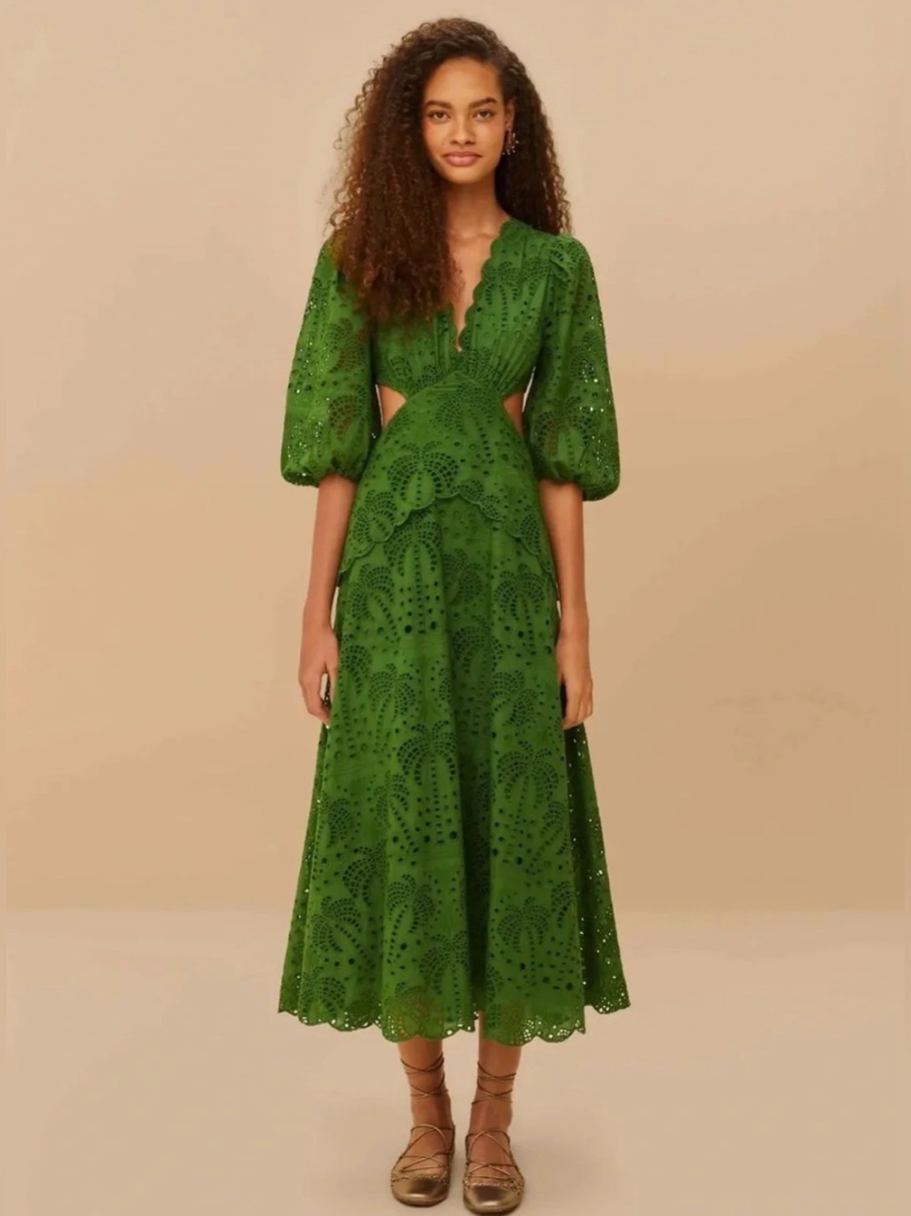FARM Rio Vibrant Richeliu Eyelet Maxi Dress with Puff Sleeves - Picture 1 of 13
